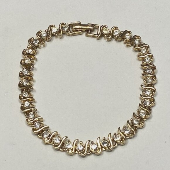 Vintage Gold Tone Rhinestone Tennis Bracelet Elegant Signed 7.25" - Picture 1 of 9